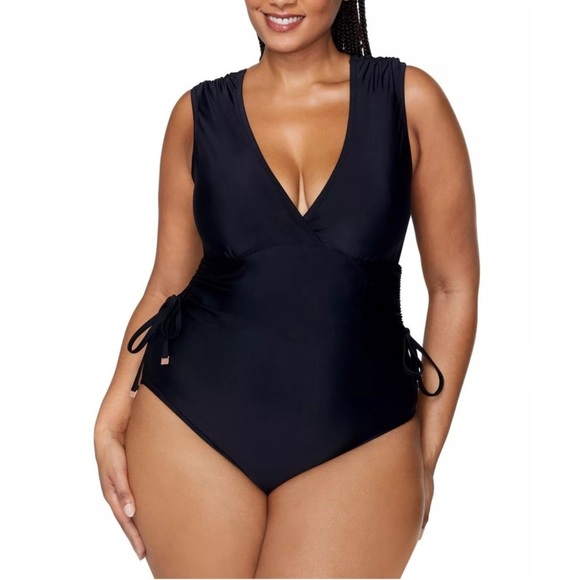 Raisins Black One Piece Swimsuit Plus Size 22W Ruched V-Neck Glattering Tie - Picture 1 of 10